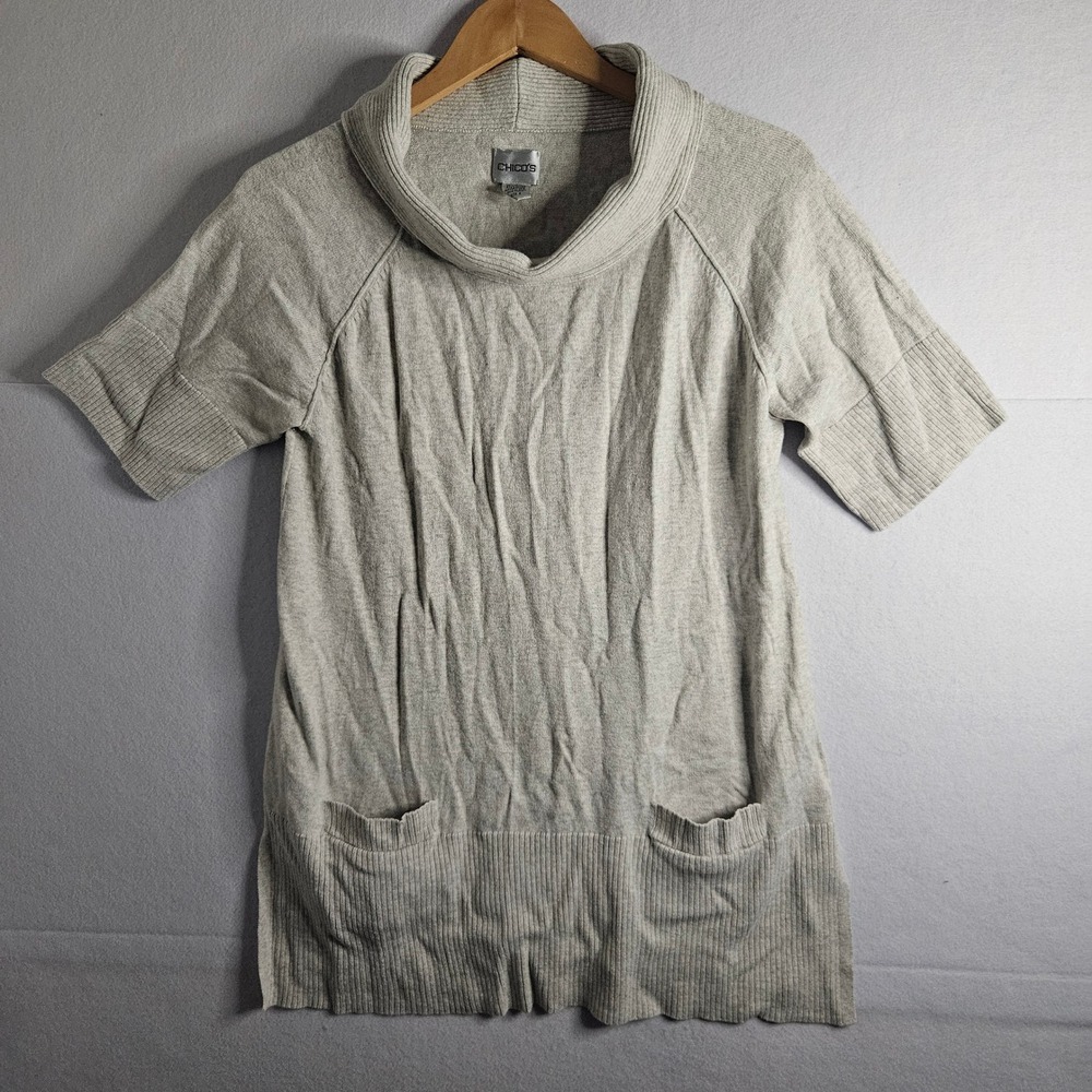 Chicos Cowl Neck‎ Sweater Womens 2 Large Beige Cotton Angora Short Sleeve Tunic
